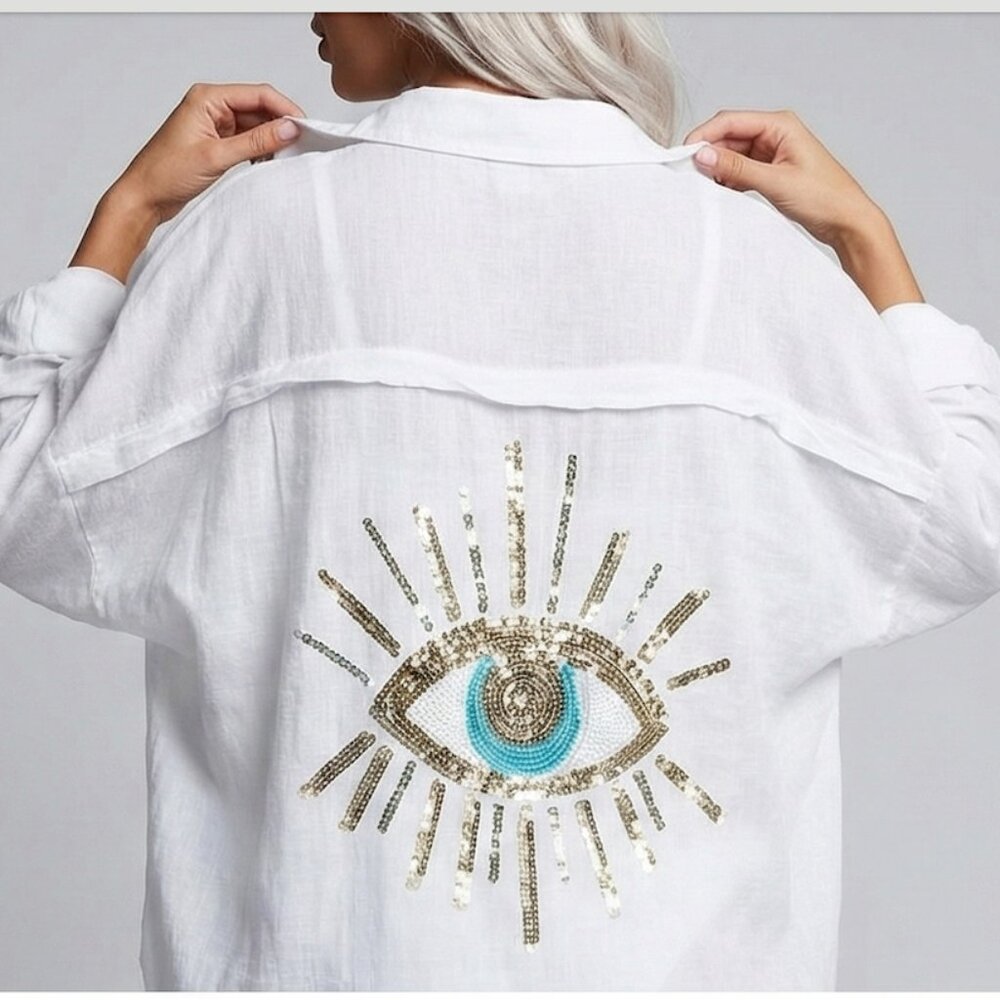 Eye Pattern Long Sleeve Mid-Length Blouse Cover Up White